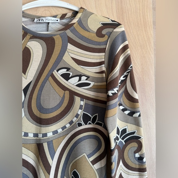 Zara Retro Abstract Print Midi Dress M Brown Gray Long Sleeve Stretch Jersey EUC - Picture 5 of 11